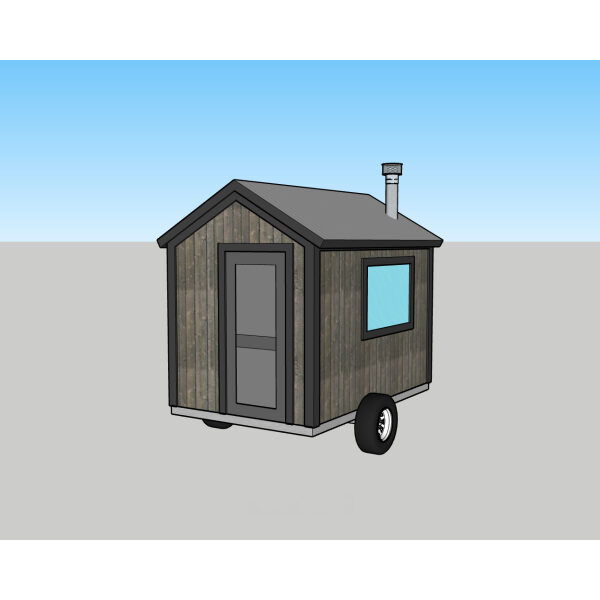 3D model rendering of a 10x77 DIY mobile sauna built on a trailer chassis with wood siding and a steel roof chimney.