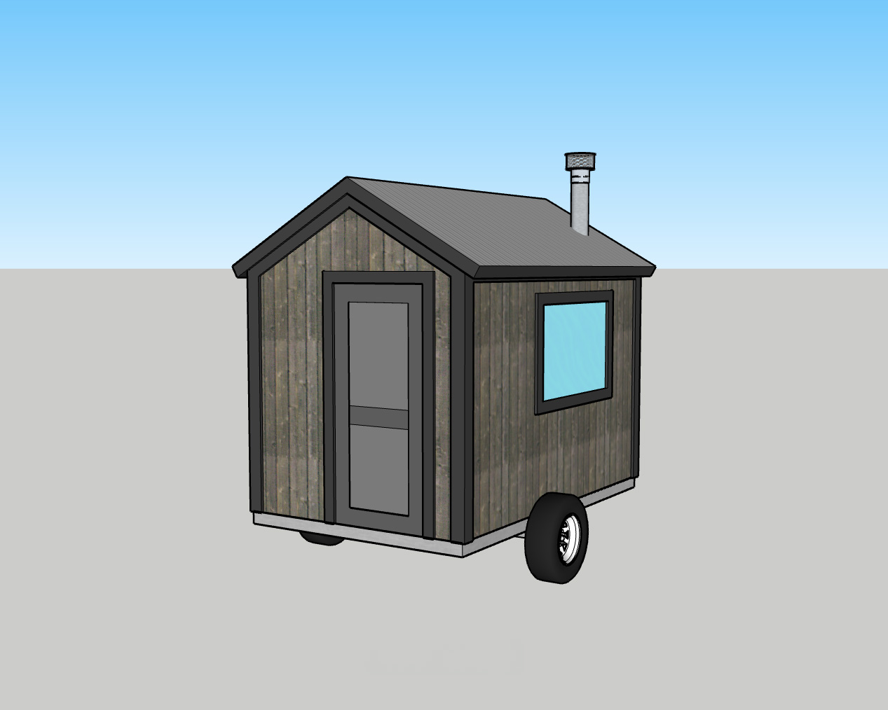 DIY Sauna Plans – Mobile & Stationary Sauna Plans – 10′ x 6′ 5″ 3D model rendering of a 10x77 DIY mobile sauna built on a trailer chassis with wood siding and a steel roof chimney.